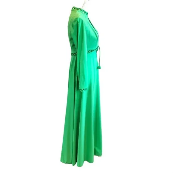 Vintage 70s 2‎ Piece Dress Set Green Polyester High Neck Floor Length Sz Small - Picture 4 of 12